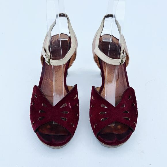 Chie Mihara Burgundy Red Suede Mod Heels 36 Chunky 6 Leather Pumps - Picture 3 of 11
